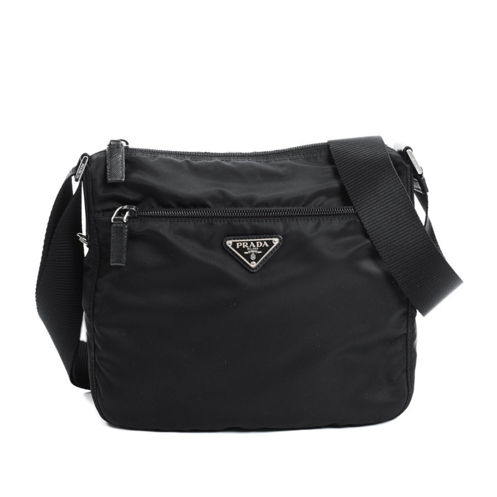 Prada shoulder bag prominent front zipper pocket triangular metal logo plate